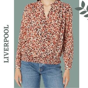 Liverpool Women's Long Sleeve Woven Blouse with Smocked Waistband Animal Print